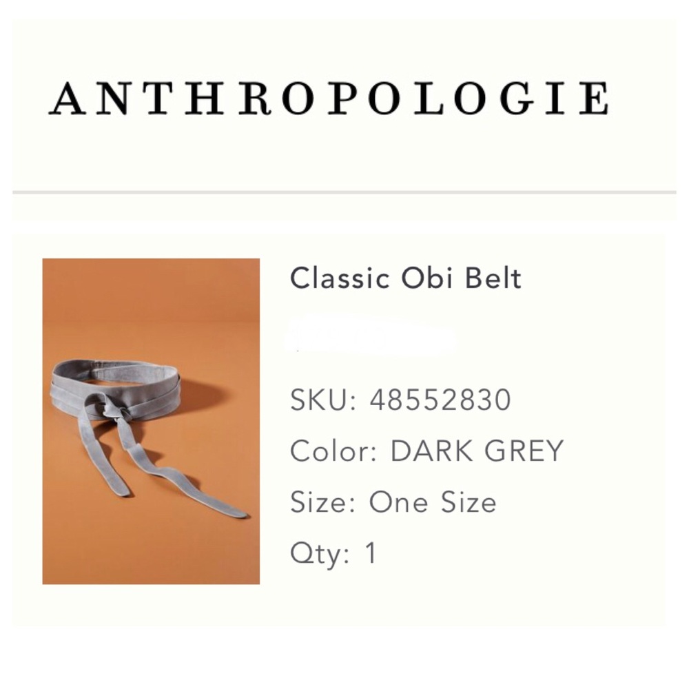 NWT - Ada Classic Obi Belt, dark grey